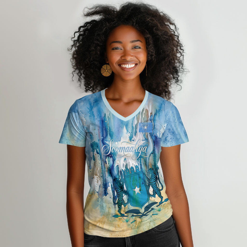 Somalia Liberation Unity Women V-Neck T-Shirt Soomaaliya Script Peace Dove Watercolor