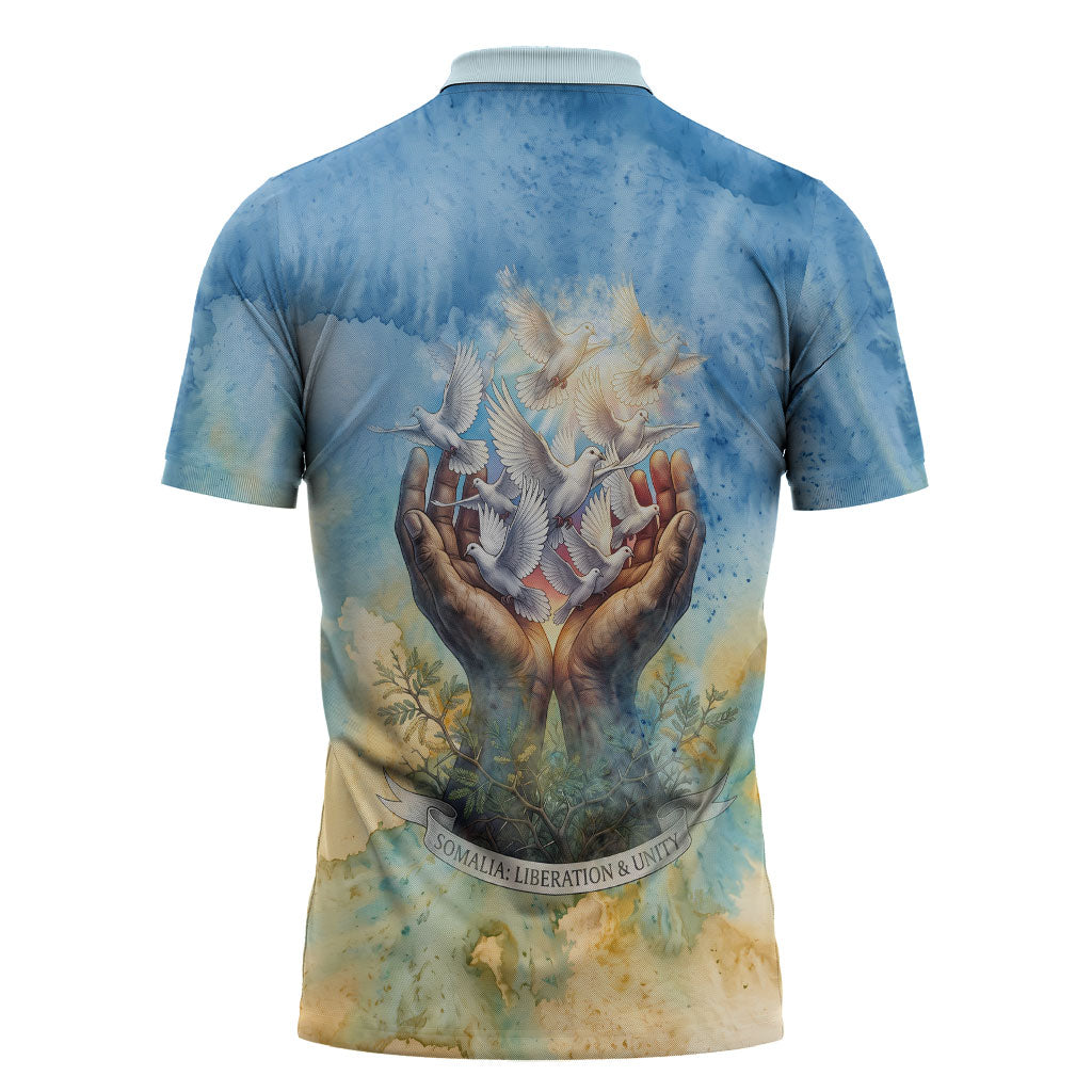 Somalia Liberation Unity Zipper Polo Shirt Soomaaliya Script Peace Dove Watercolor