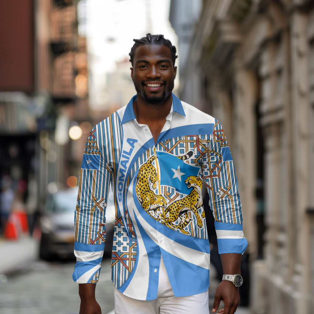 Somalia Freedom Independence Long Sleeve Button Shirt Leopard Flag Power Fist