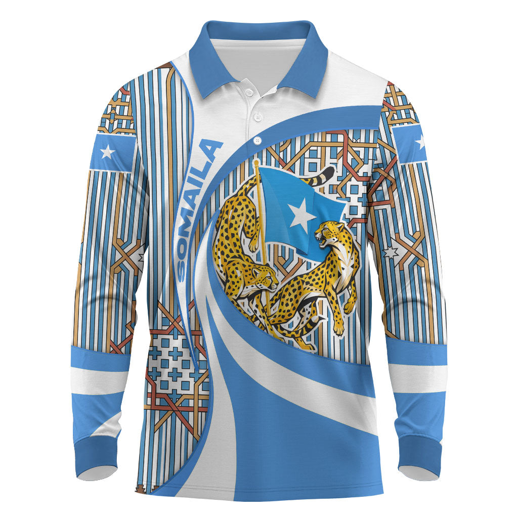 Somalia Freedom Independence Long Sleeve Polo Shirt Leopard Flag Power Fist