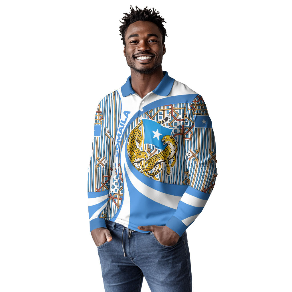 Somalia Freedom Independence Long Sleeve Polo Shirt Leopard Flag Power Fist