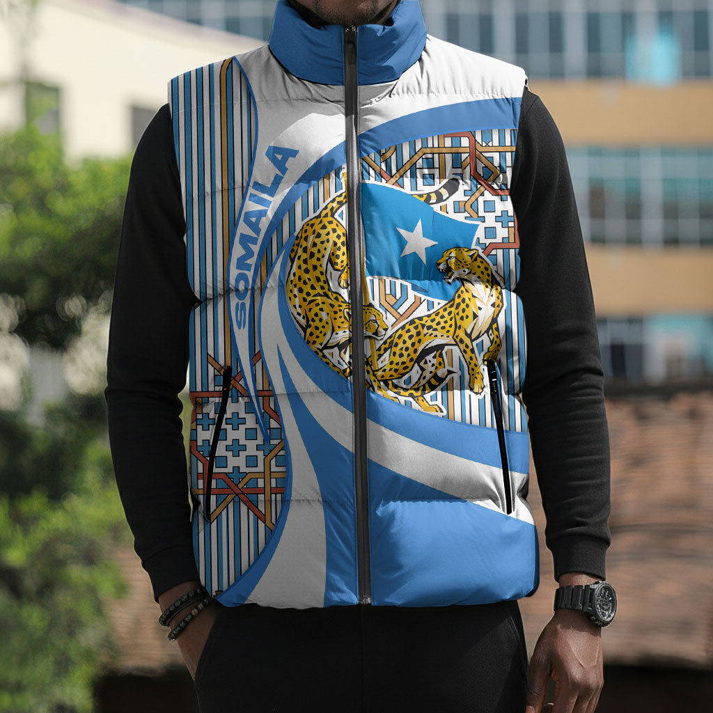 Somalia Freedom Independence Sleeveless Puffer Jacket Leopard Flag Power Fist