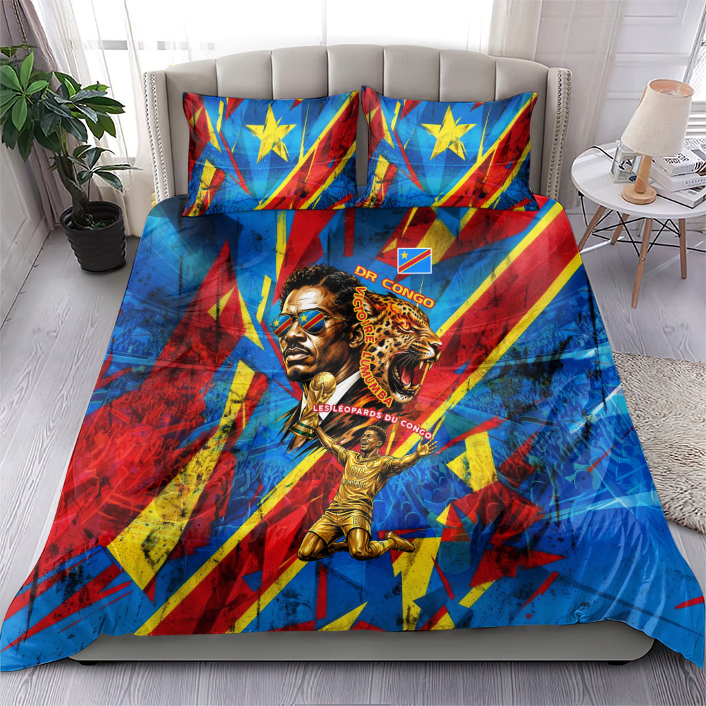 DR Congo Patrice Lumumba Football Victory Bedding Set African Pride Leopard And Flag