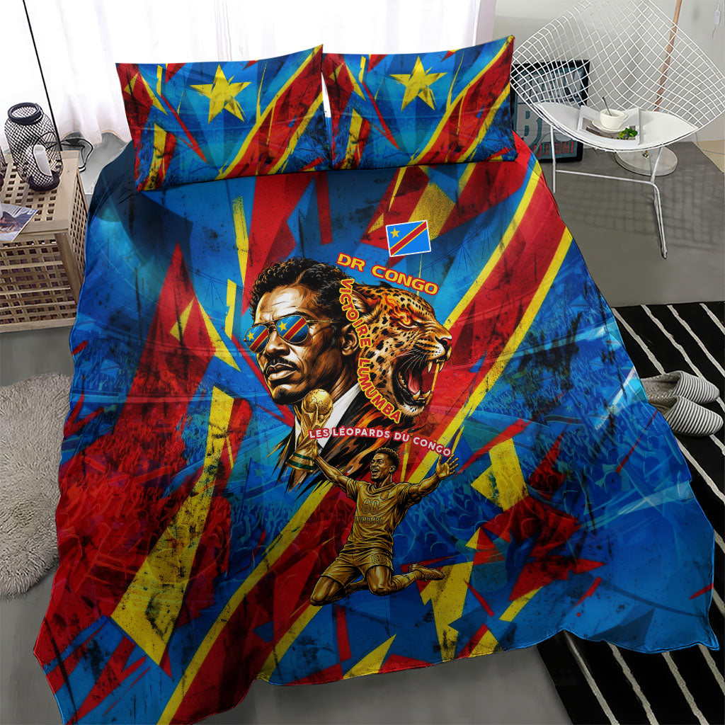 DR Congo Patrice Lumumba Football Victory Bedding Set African Pride Leopard And Flag