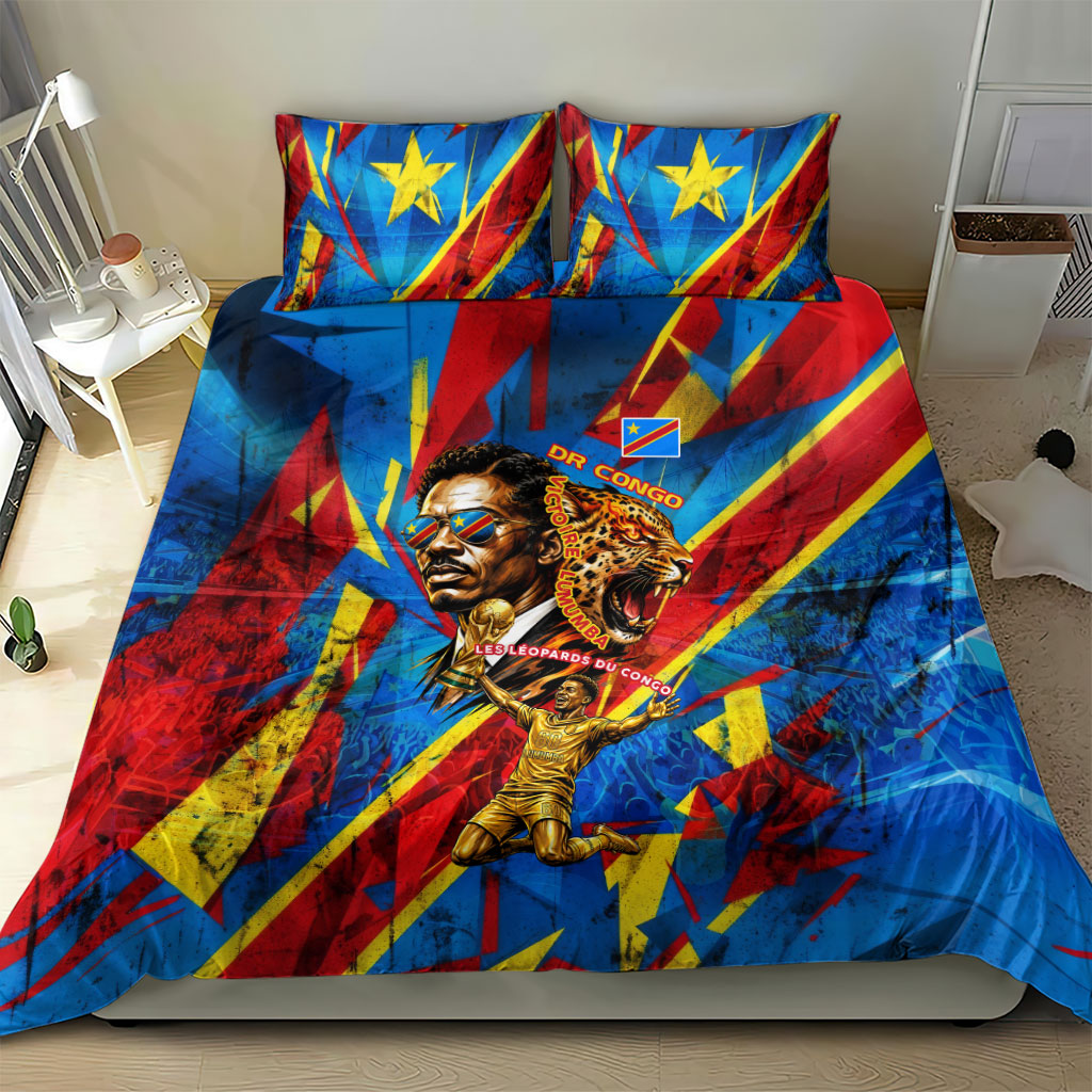 DR Congo Patrice Lumumba Football Victory Bedding Set African Pride Leopard And Flag