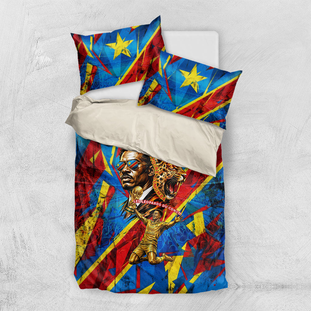 DR Congo Patrice Lumumba Football Victory Bedding Set African Pride Leopard And Flag