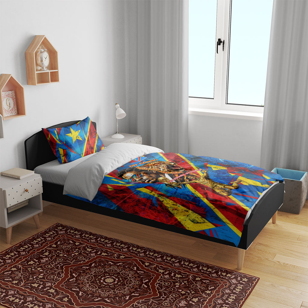 DR Congo Patrice Lumumba Football Victory Bedding Set African Pride Leopard And Flag