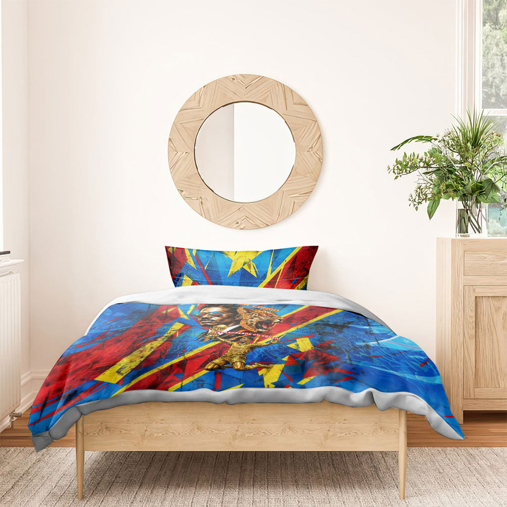 DR Congo Patrice Lumumba Football Victory Bedding Set African Pride Leopard And Flag