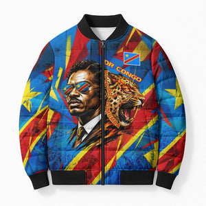 DR Congo Patrice Lumumba Football Victory Bomber Puffer Jacket African Pride Leopard And Flag