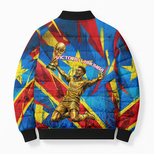 DR Congo Patrice Lumumba Football Victory Bomber Puffer Jacket African Pride Leopard And Flag