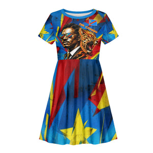 DR Congo Patrice Lumumba Football Victory Kid Short Sleeve Dress African Pride Leopard And Flag