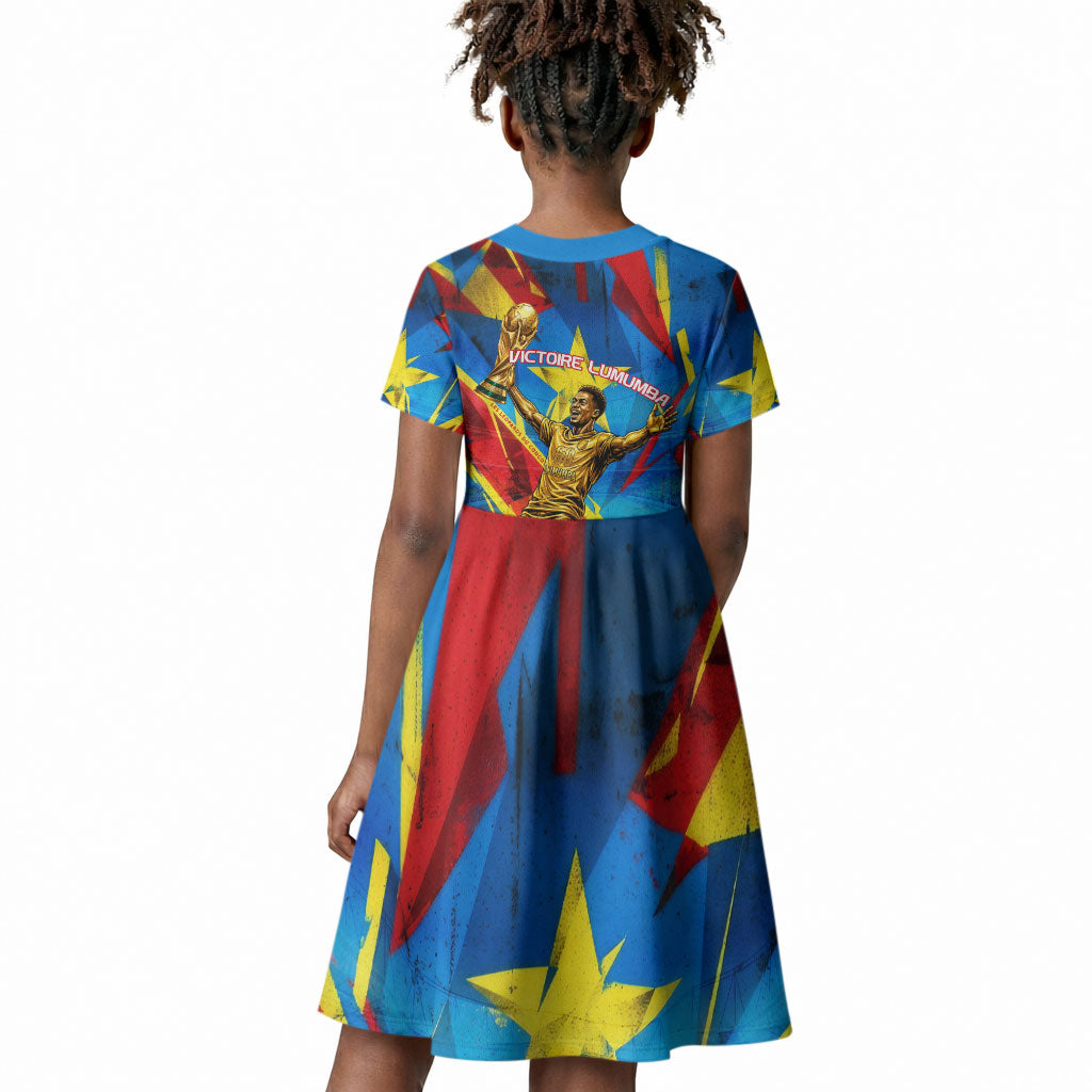 DR Congo Patrice Lumumba Football Victory Kid Short Sleeve Dress African Pride Leopard And Flag
