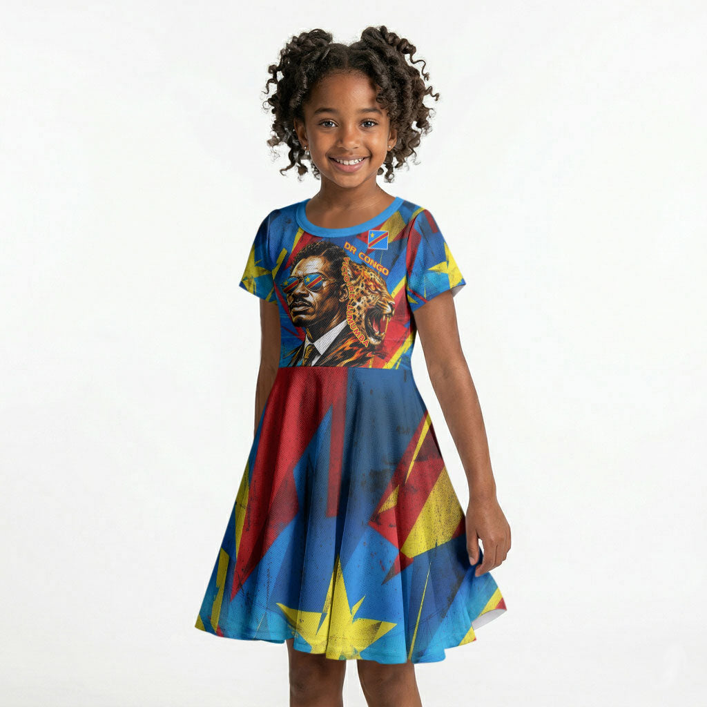 DR Congo Patrice Lumumba Football Victory Kid Short Sleeve Dress African Pride Leopard And Flag