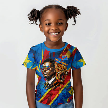 DR Congo Patrice Lumumba Football Victory Kid T shirt African Pride Leopard And Flag