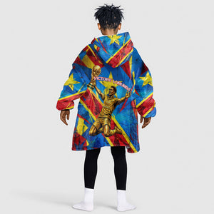 DR Congo Patrice Lumumba Football Victory Kid Wearable Blanket Hoodie African Pride Leopard And Flag