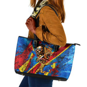 DR Congo Patrice Lumumba Football Victory Leather Tote Bag African Pride Leopard And Flag