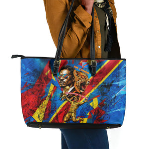 DR Congo Patrice Lumumba Football Victory Leather Tote Bag African Pride Leopard And Flag