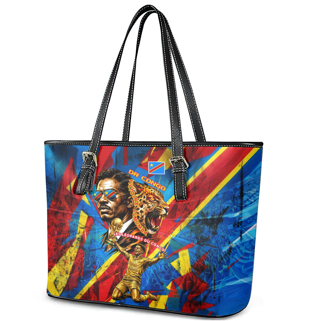 DR Congo Patrice Lumumba Football Victory Leather Tote Bag African Pride Leopard And Flag