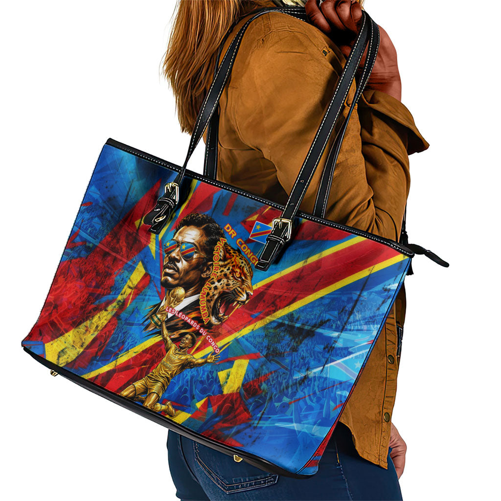 DR Congo Patrice Lumumba Football Victory Leather Tote Bag African Pride Leopard And Flag