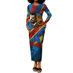 DR Congo Patrice Lumumba Football Victory Long Sleeve Bodycon Dress African Pride Leopard And Flag