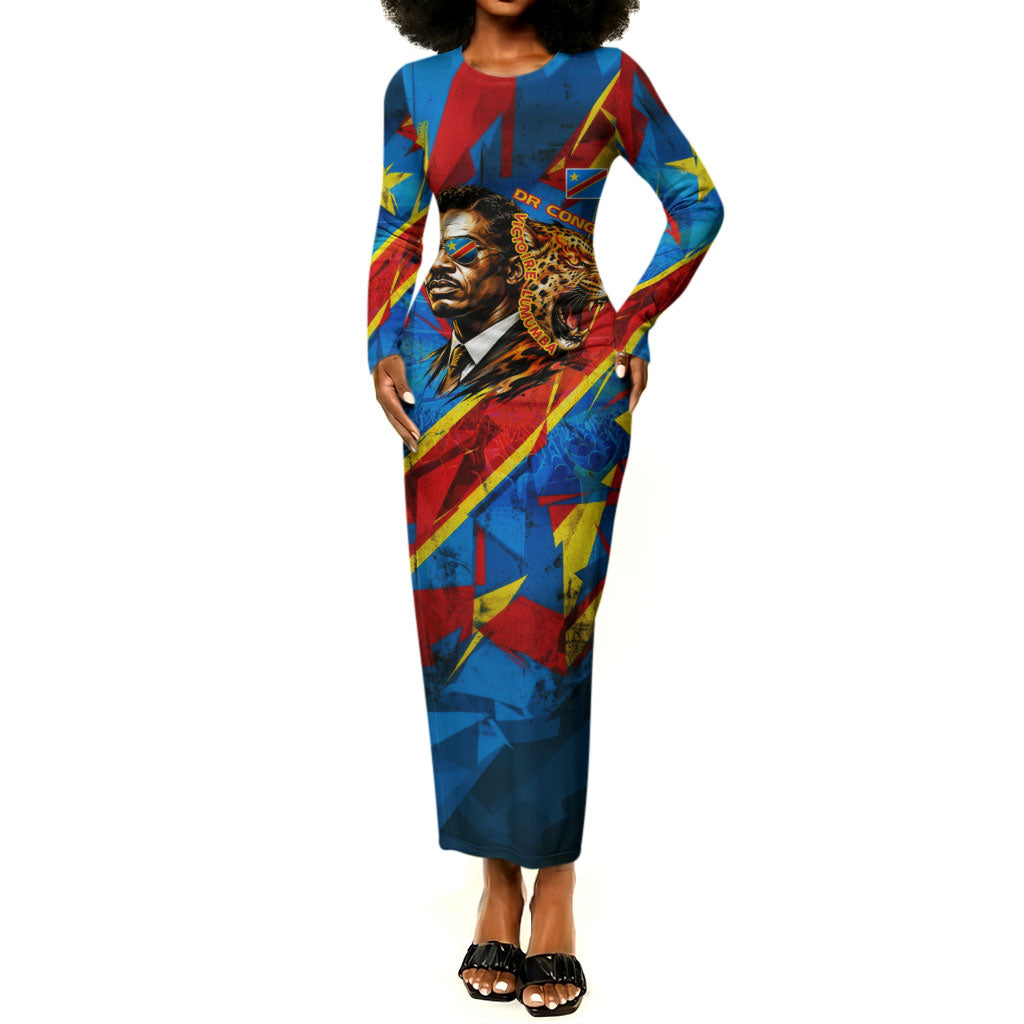 DR Congo Patrice Lumumba Football Victory Long Sleeve Bodycon Dress African Pride Leopard And Flag