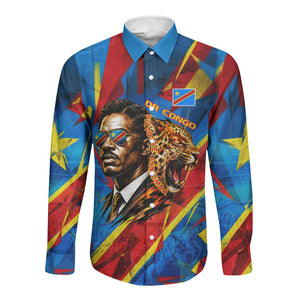 DR Congo Patrice Lumumba Football Victory Long Sleeve Button Shirt African Pride Leopard And Flag