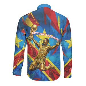 DR Congo Patrice Lumumba Football Victory Long Sleeve Button Shirt African Pride Leopard And Flag