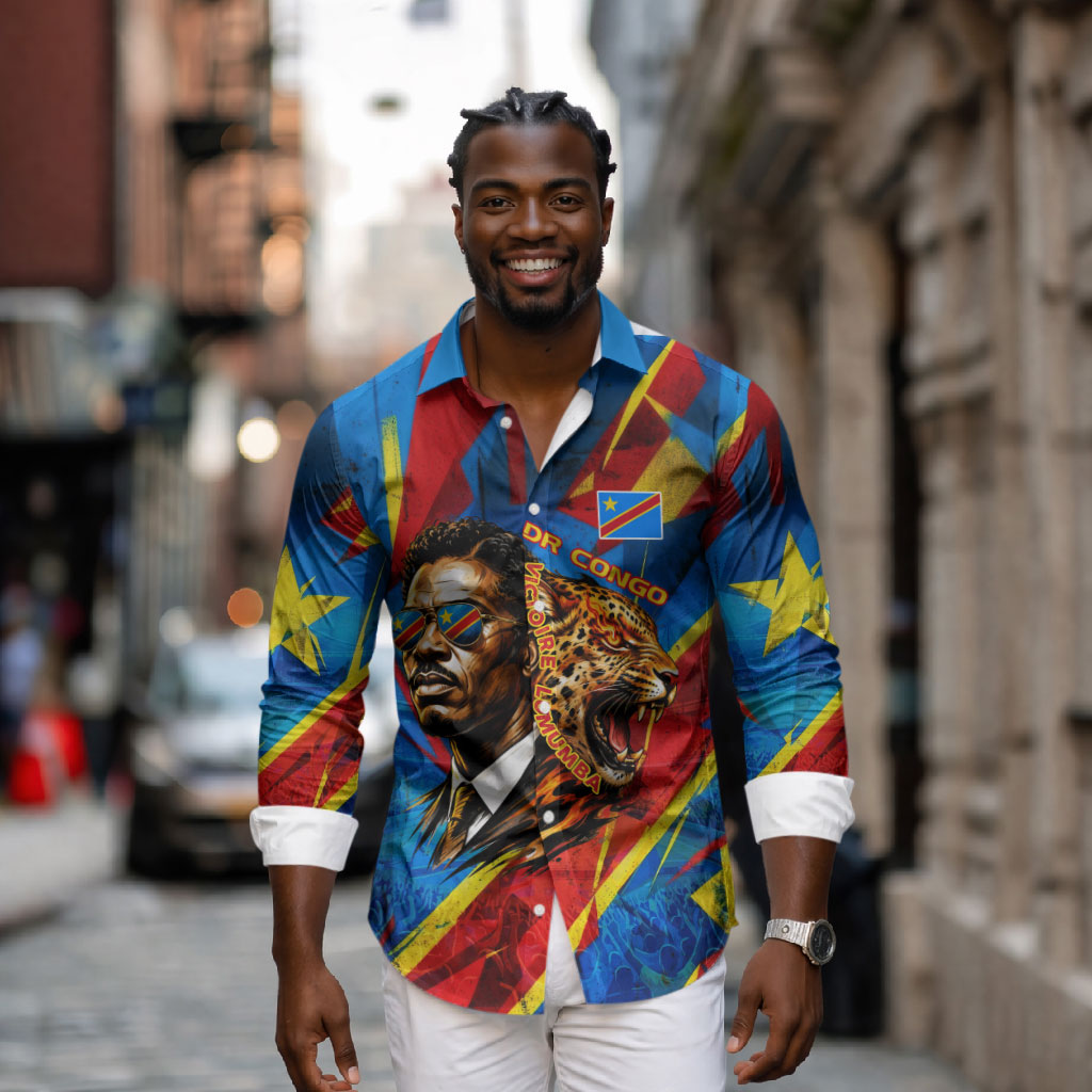 DR Congo Patrice Lumumba Football Victory Long Sleeve Button Shirt African Pride Leopard And Flag