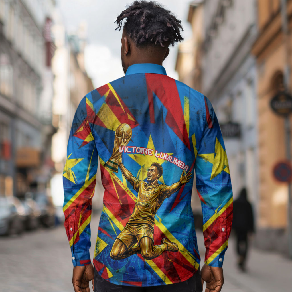 DR Congo Patrice Lumumba Football Victory Long Sleeve Button Shirt African Pride Leopard And Flag