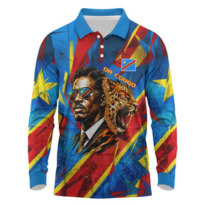 DR Congo Patrice Lumumba Football Victory Long Sleeve Polo Shirt African Pride Leopard And Flag