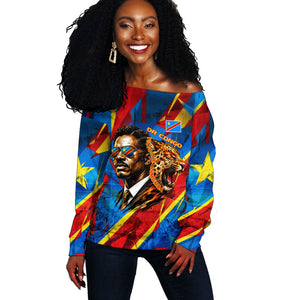 DR Congo Patrice Lumumba Football Victory Off Shoulder Sweater African Pride Leopard And Flag