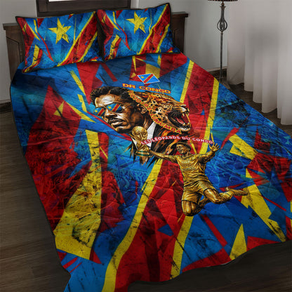 DR Congo Patrice Lumumba Football Victory Quilt Bed Set African Pride Leopard And Flag