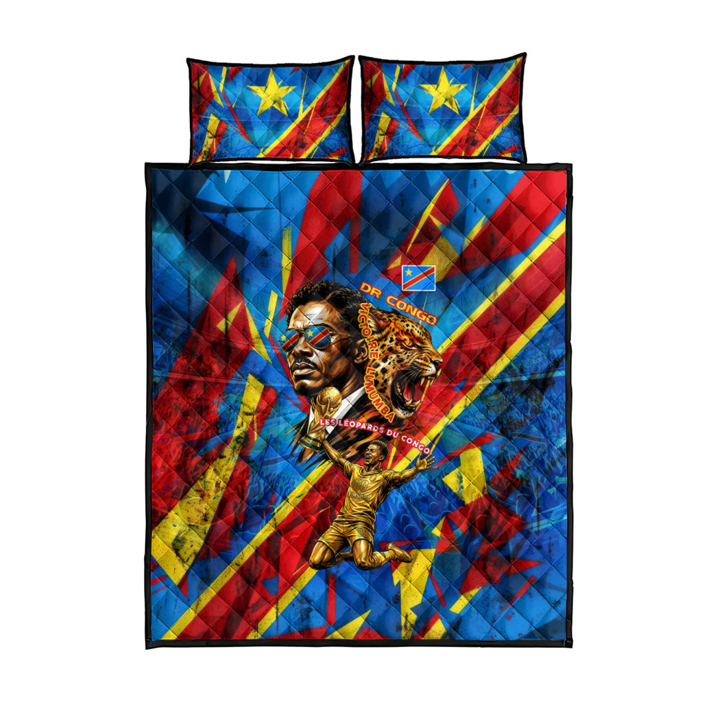 DR Congo Patrice Lumumba Football Victory Quilt Bed Set African Pride Leopard And Flag