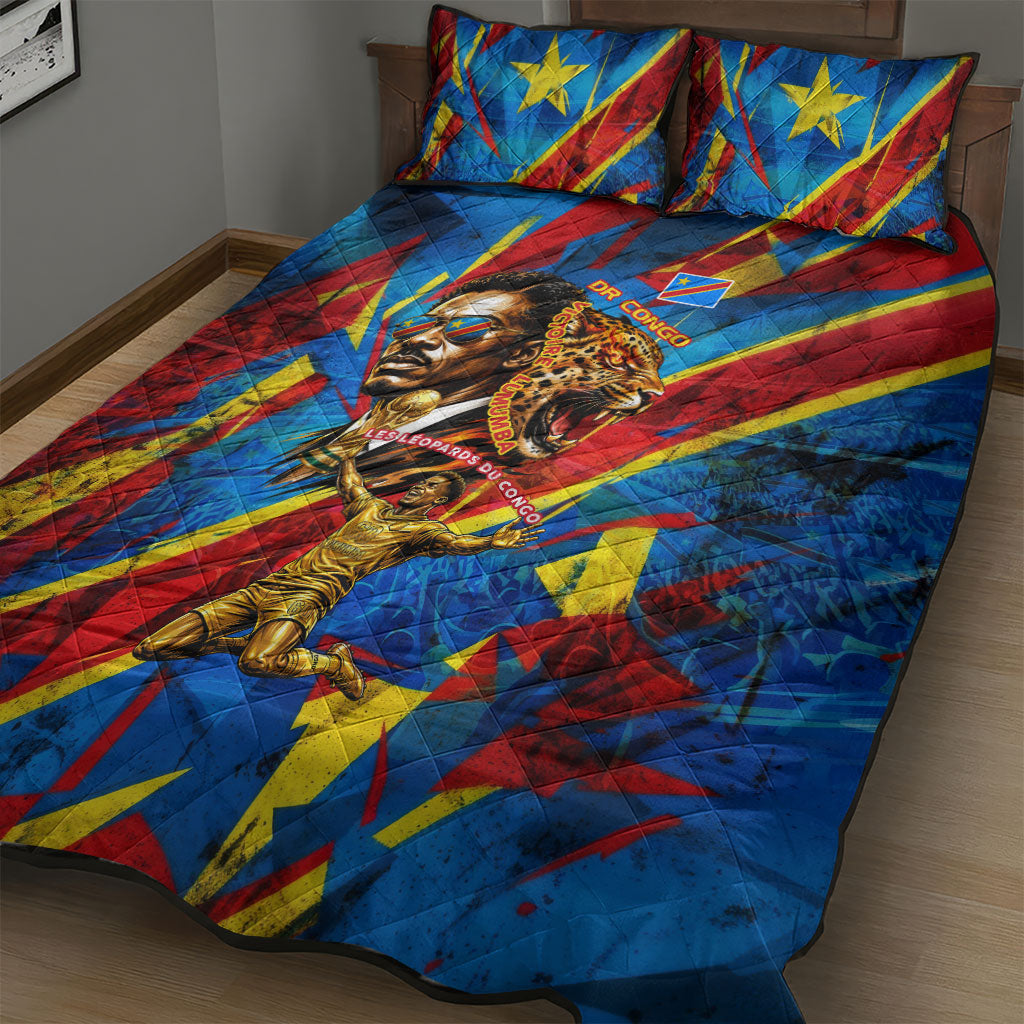 DR Congo Patrice Lumumba Football Victory Quilt Bed Set African Pride Leopard And Flag