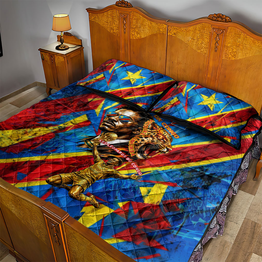 DR Congo Patrice Lumumba Football Victory Quilt Bed Set African Pride Leopard And Flag