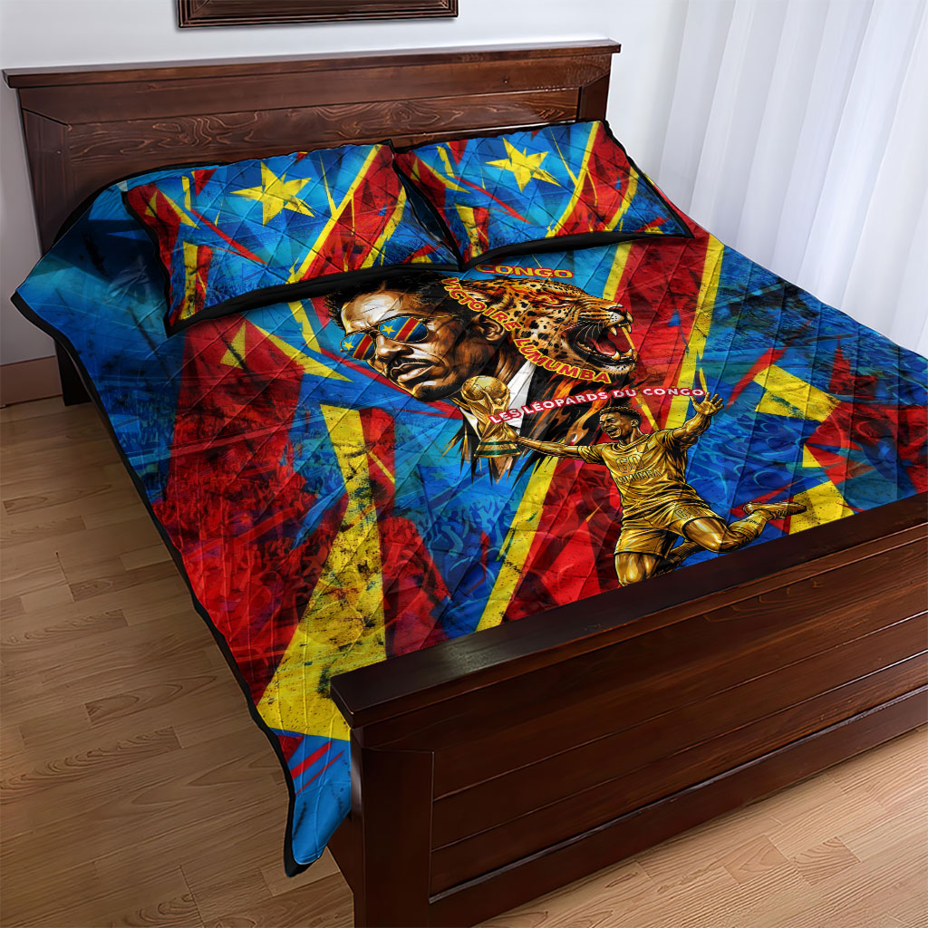 DR Congo Patrice Lumumba Football Victory Quilt Bed Set African Pride Leopard And Flag