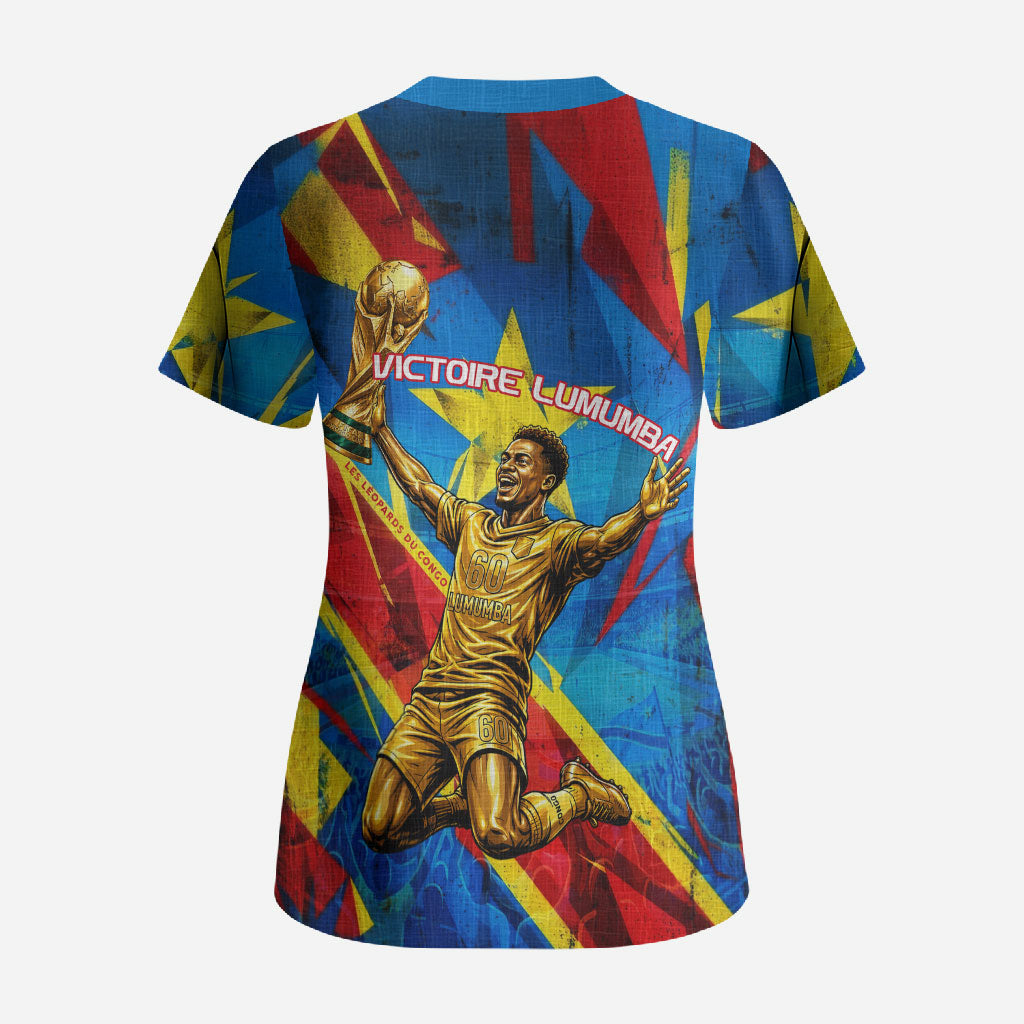 DR Congo Patrice Lumumba Football Victory Scrub Top African Pride Leopard And Flag