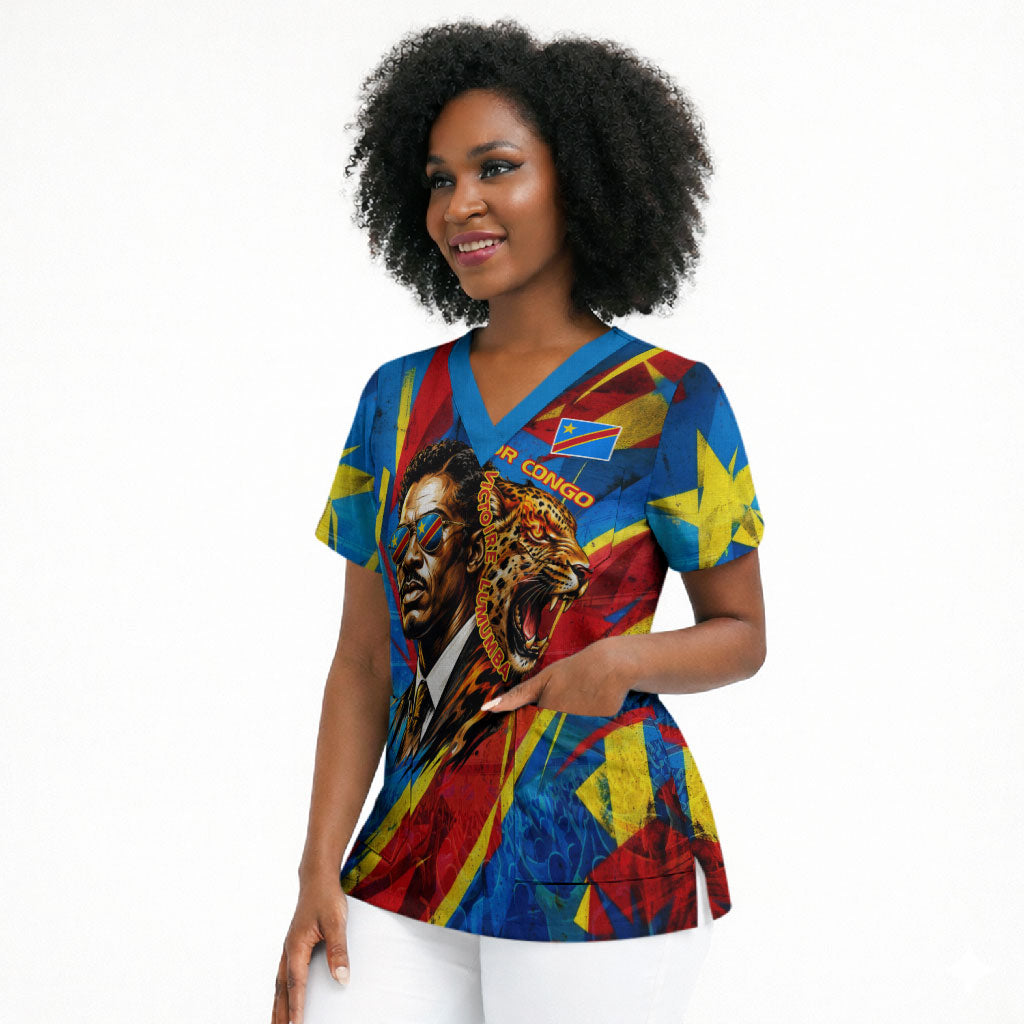 DR Congo Patrice Lumumba Football Victory Scrub Top African Pride Leopard And Flag