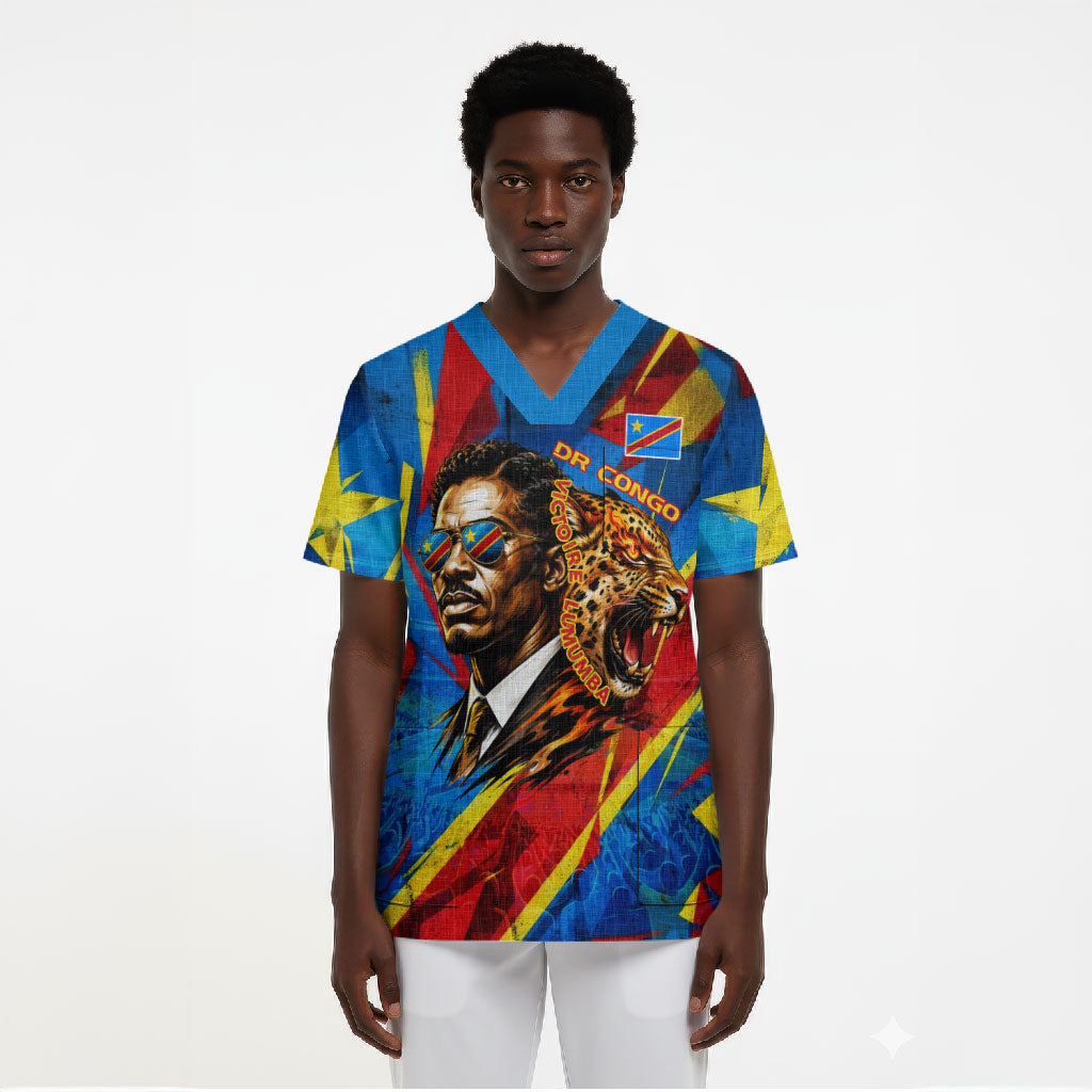 DR Congo Patrice Lumumba Football Victory Scrub Top African Pride Leopard And Flag