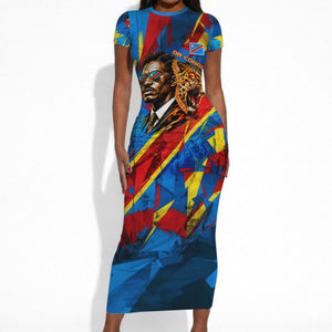 DR Congo Patrice Lumumba Football Victory Short Sleeve Bodycon Dress African Pride Leopard And Flag