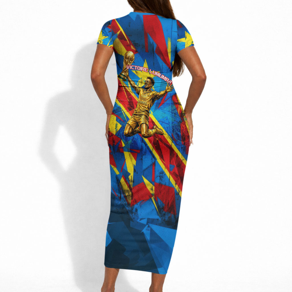DR Congo Patrice Lumumba Football Victory Short Sleeve Bodycon Dress African Pride Leopard And Flag