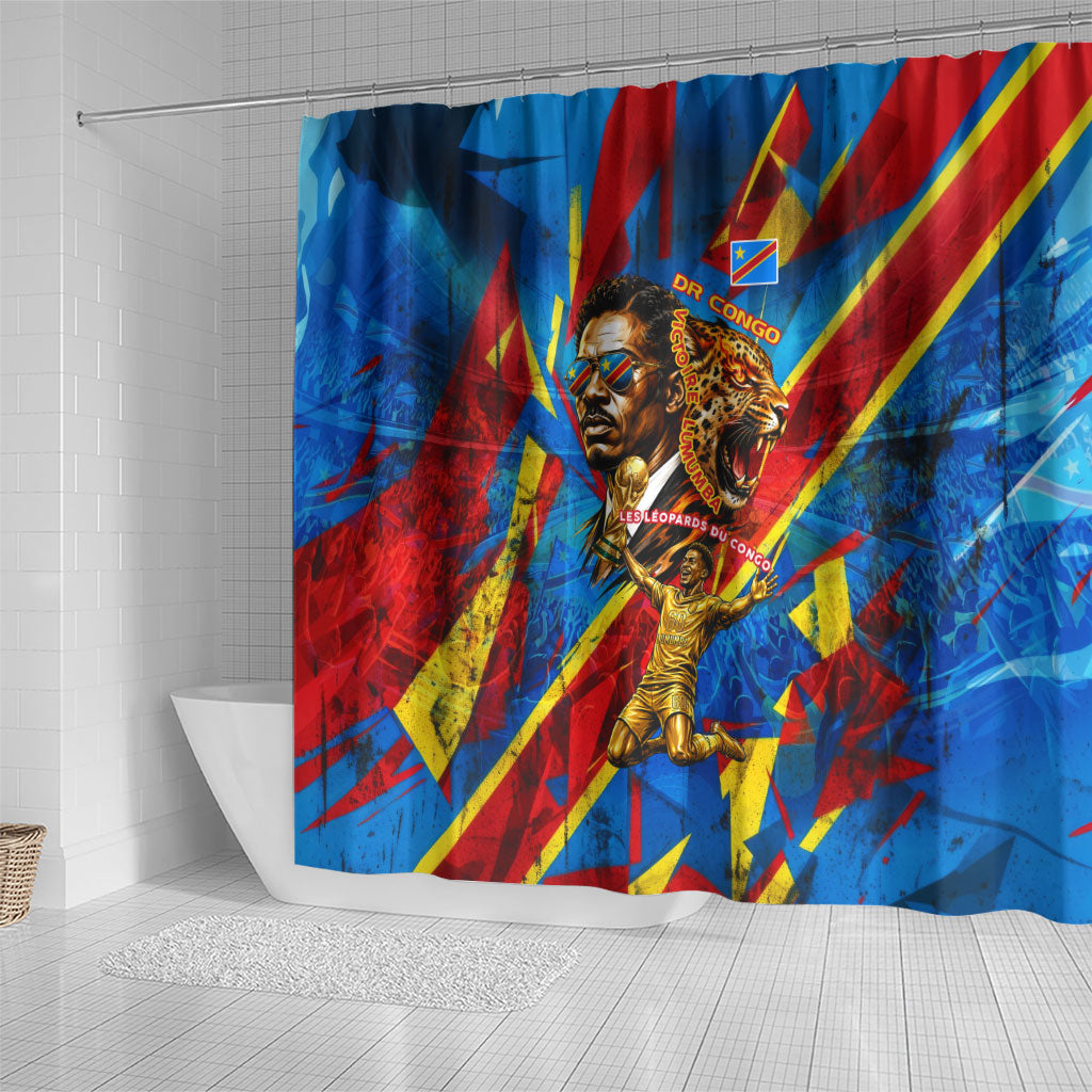 DR Congo Patrice Lumumba Football Victory Shower Curtain African Pride Leopard And Flag
