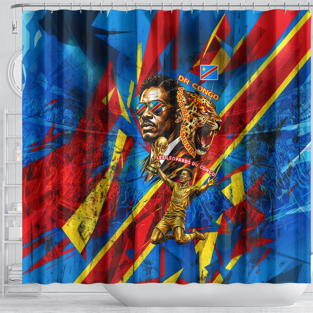 DR Congo Patrice Lumumba Football Victory Shower Curtain African Pride Leopard And Flag