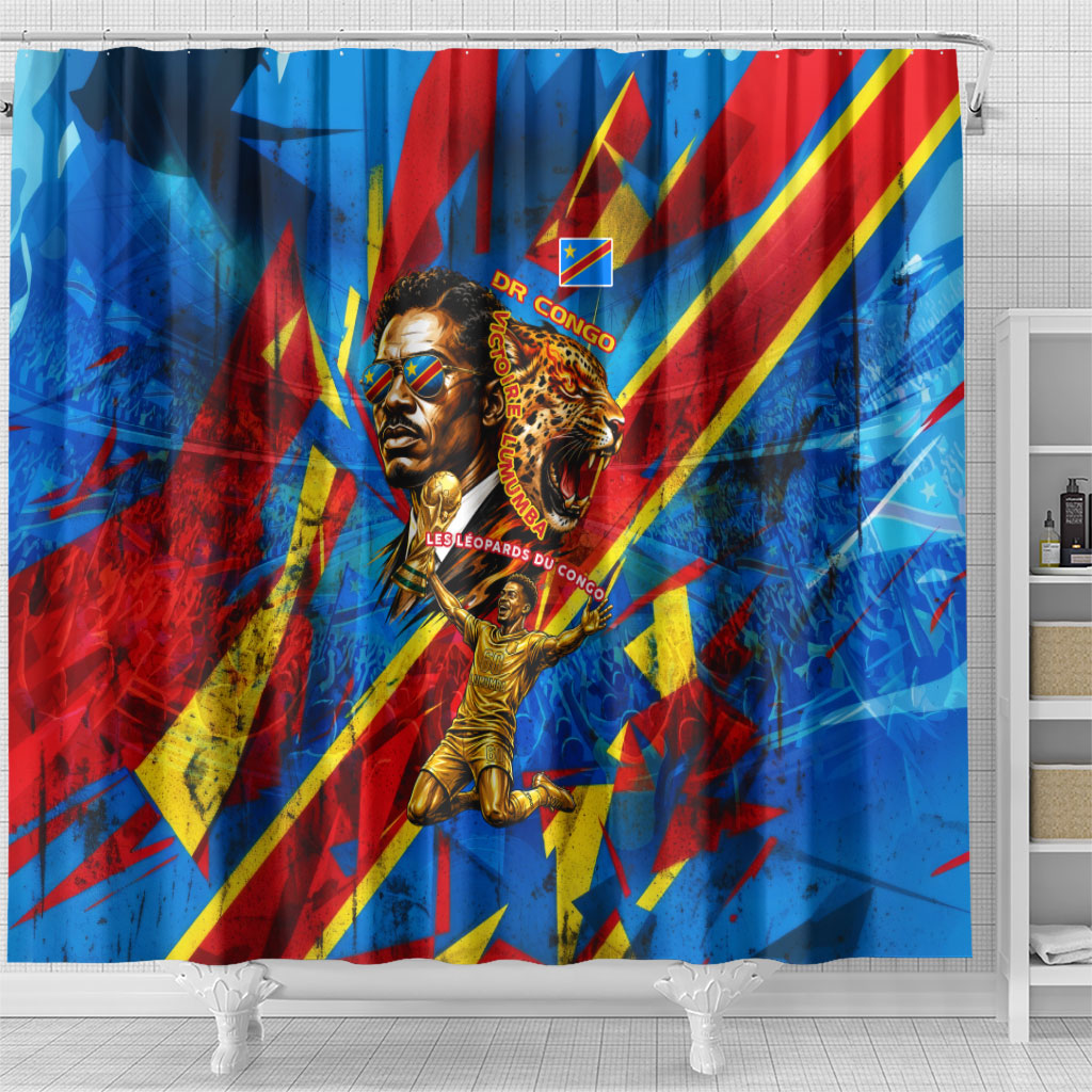 DR Congo Patrice Lumumba Football Victory Shower Curtain African Pride Leopard And Flag