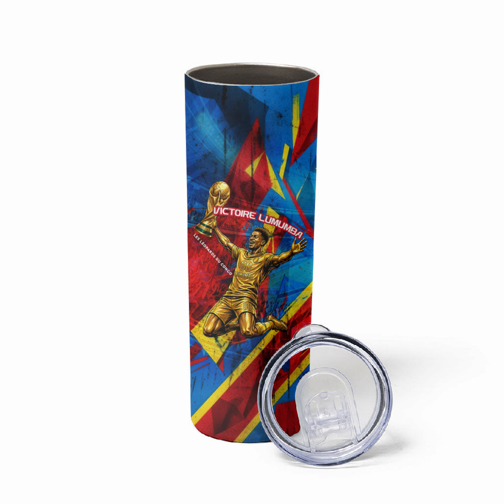 DR Congo Patrice Lumumba Football Victory Skinny Tumbler African Pride Leopard And Flag