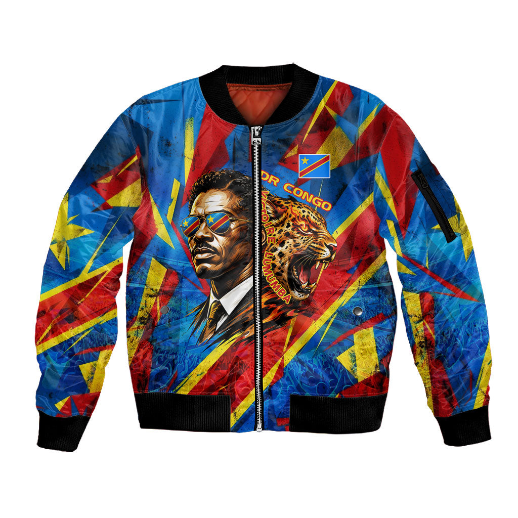 DR Congo Patrice Lumumba Football Victory Sleeve Zip Bomber Jacket African Pride Leopard And Flag