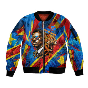 DR Congo Patrice Lumumba Football Victory Sleeve Zip Bomber Jacket African Pride Leopard And Flag