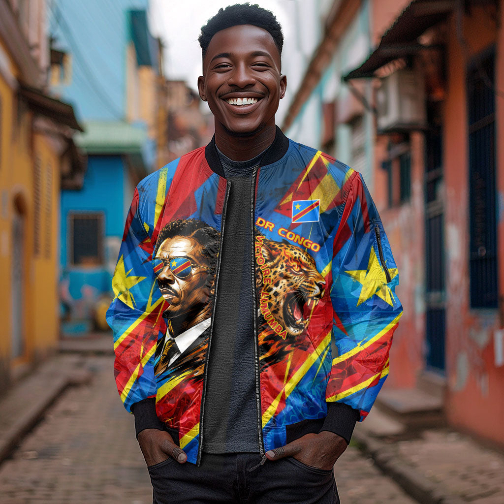 DR Congo Patrice Lumumba Football Victory Sleeve Zip Bomber Jacket African Pride Leopard And Flag