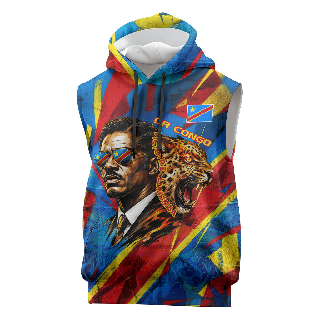 DR Congo Patrice Lumumba Football Victory Sleeveless Hoodie African Pride Leopard And Flag