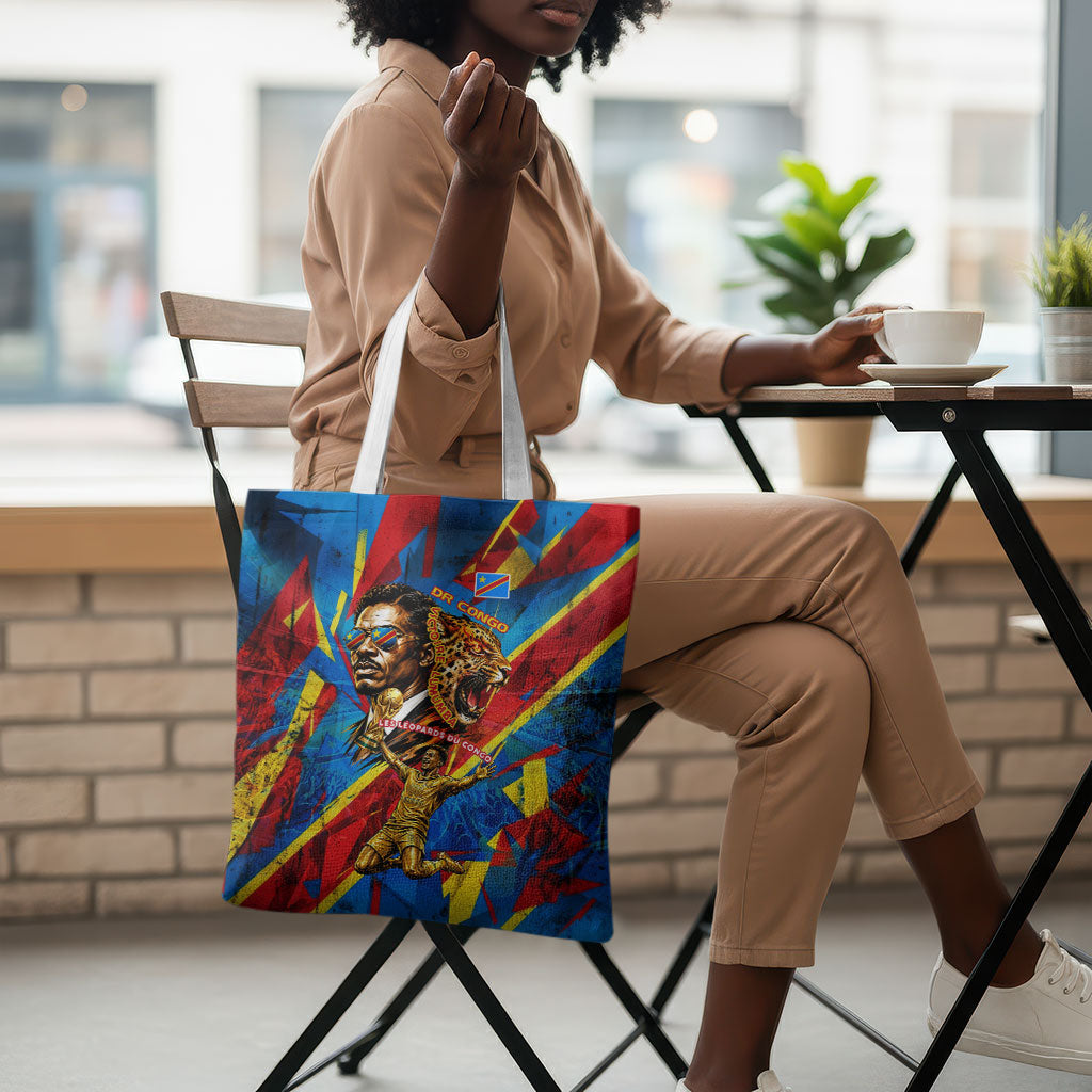 DR Congo Patrice Lumumba Football Victory Tote Bag African Pride Leopard And Flag